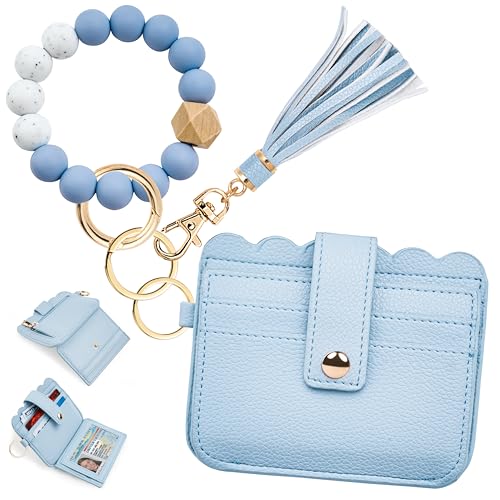 Wristlet Wallet for Women with Keychain – RFID Card Holder Small Wallet Wristlet with Key Ring - color: Blue, style: Classic