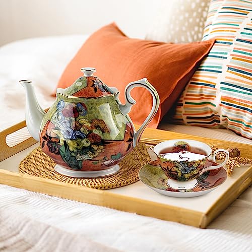 Teapot 30 oz Vangogh Paintings Bone China Loose Tea Pot Floral Design Vintage Ceramic Coffee Water Pot European Style Porcelain (Flower Vase) - color: Flower Vase