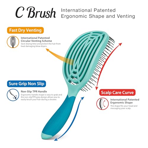 NuWay® C Brush® Patented Scalp Care Hair Brush – Ergonomic Curve Design for Gentle Scalp Massage, Blow-Dry Styling & Wet or Dry Hair (Classis Green) - color: Classic Green