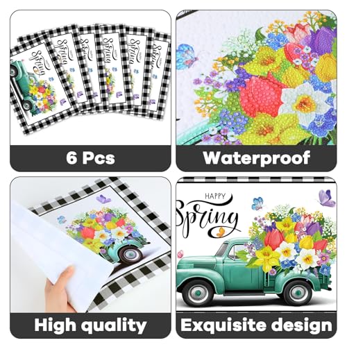 Happy Spring Placemats Set of 6 Black White Plastic Table Mat 17×13×0.04in - style: Flowers Trucks
