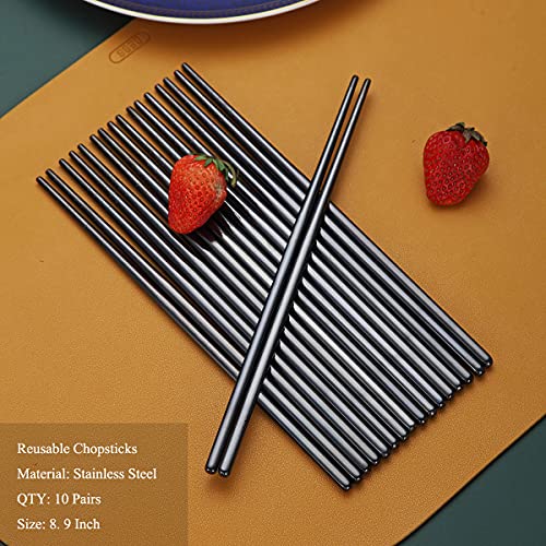 10 Pairs Reusable Chopsticks, Titanium Black Plating Stainless Steel Metal Chop Sticks, Japanese Chinese Korean Chopstick Dishwasher Safe, 8.9 Inch (Black / Chop sticks) - color: 4. Black