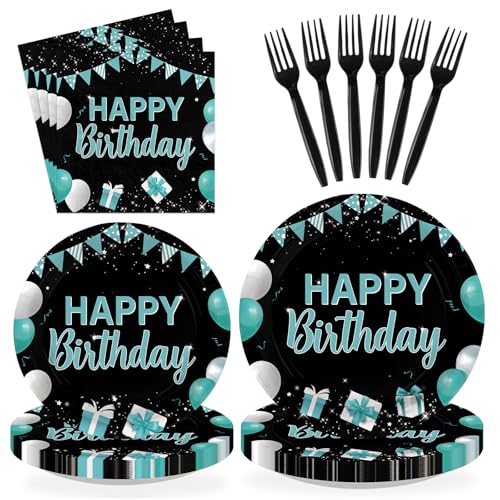 Grencian 96Pcs Happy Birthday Teal Blue Black Party Decorations Serves 24 - style: Peacock Blue Black Birthday