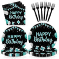 Grencian 96Pcs Happy Birthday Teal Blue Black Party Decorations Serves 24 - style: Peacock Blue Black Birthday