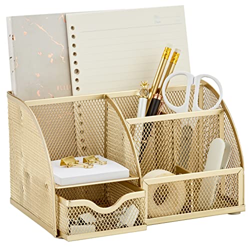 Annova Mesh Desk Organizer Office with 7 Compartments + Drawer/Desk Tidy Candy/Pen Holder/Multifunctional Organizer (Gold) - color: Gold