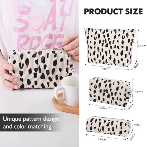 3 Pcs Makeup Bag Cosmetic Bag Set for Girls Women Travel Organizer Bathroom Toiletry Pouch Large Capacity Storage Bag (Leopard Beige) - color: Leopard Beige