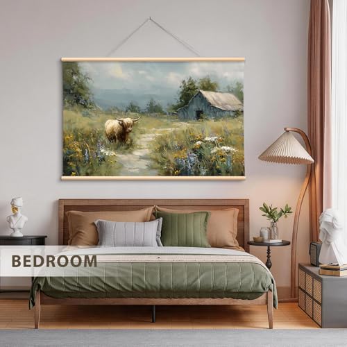 VIYYIEA Extra Large Highland Cow Canvas Wall Art, Rustic Farmhouse, 36x54in - color: Highland Cow Scroll