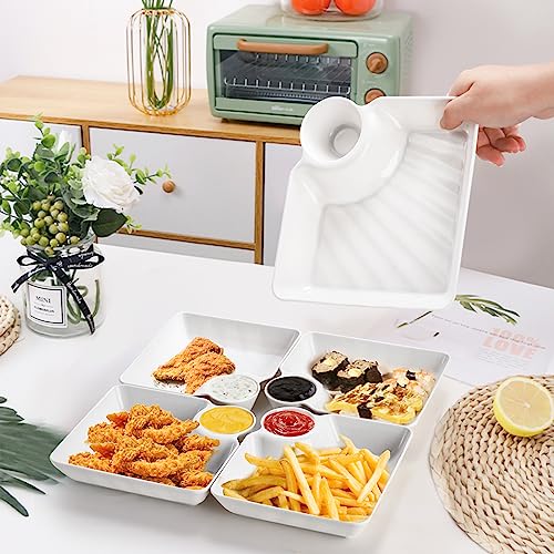 Lawei 10Pcs Chips and Dip Plates, Plastic Serving Platter Set Dumpling Plate with Dipping Saucer, White Divided Snack Serving Dishes for Appetizer, Sushi, Taco Salsa, Charcuterie, Reusable - size: Medium