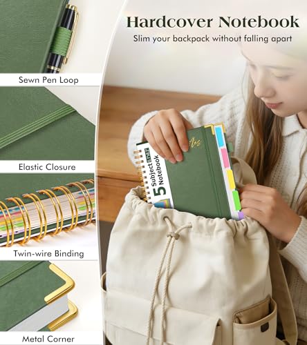 5 Subject Spiral Notebook Journal with Removable Dividers Tabs, 300 Pages Organizer Notebooks for Work School, A5 Hardcover Leather Notebook College Ruled, Lined Journal for Women Men，Sage - color: Sage Green, size: A5