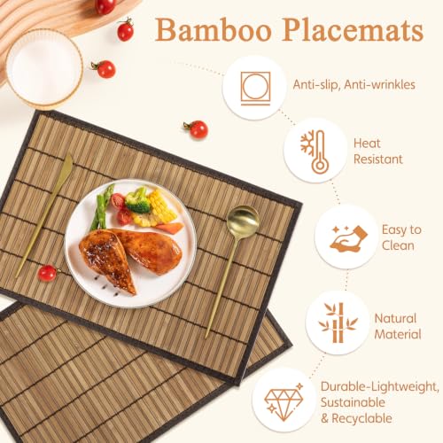 Bamboo Placemats Set of 8 with Fabric Border, Table Mats, Brown - color: Brown, size: Set of 8