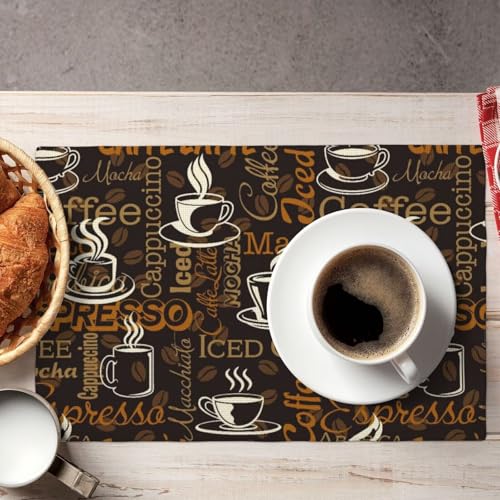 Brown Coffee Printing Rectangle Linen Table Placemet Set of 4 - color: Brown White, size: Set of 4