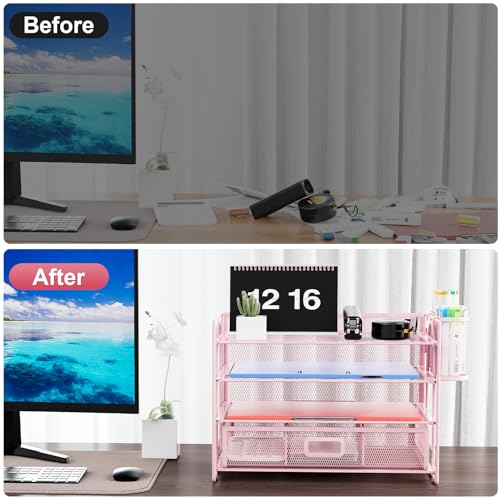 Marbrasse Desk Organizer, 4-Tier Paper File Letter Tray, Pink - color: Pink with Pen Holder