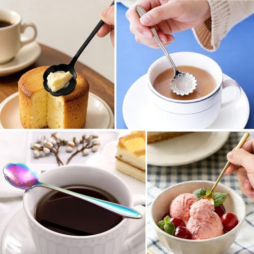 12 Pcs Flower Coffee Tea Spoons Set with Storage Bag, 4 Long & 8 Short Stainless Steel Teaspoons for Sugar Dessert Ice Cream Stirring, Cute Fancy Tableware for Tea Party Kitchen Cafe Bar(Gold) - style: Gold