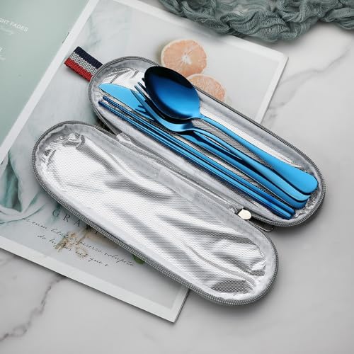 DEVICO Travel Utensils with Case, 5 Piece Portable Silverware Set for Work - color: Blue