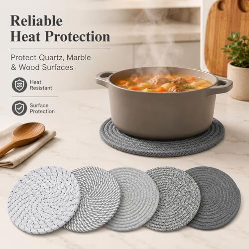 8 Inch Woven Trivets for Hot Dishes, 5 Pack Large Heat Resistant Cotton Hot Pads for Pots, Pans, Coffee Pot, Teapot, Plates & Planters, Farmhouse Boho Kitchen Decor for Table and Countertop