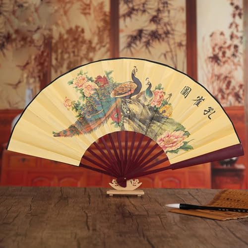 Fox Baby Folding Hand Fan,13 inch Bamboo Fabric Large Hand Fans with Chinese Traditional Painting for Decorations,Performance (Peacock & Peony) - color: Peacock & Peony