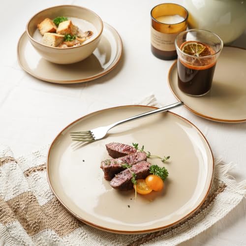 Stoneware Dinnerware Sets for 4, Reactive Glaze Plates and Bowls, Beige - color: Beige, size: Service for 4-12Pcs