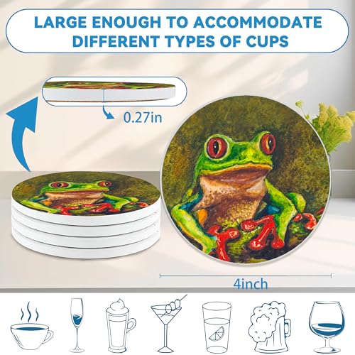 Drinks Coasters Set of 4, Tree Frog Round 4" Cup Coasters, Absorbent Ceramic Stone Coasters with Cork Base, Cute Coasters for Table Home Décor, Ideal Gifts for Women Men - color: Tree Frog