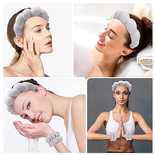 Zkptops Spa Headband for Washing Face Wristband Set Sponge Makeup Skincare Headband Terry Cloth Bubble Soft Get Ready Hairbands for Women Girl Puffy Padded Headwear Non Slip Thick Hair Accessory(Grey) - color: Y Grey