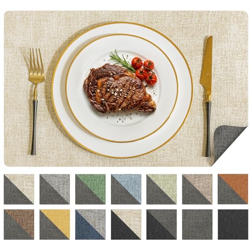 Romanstile Vinyl Placemats Set of 6, Reversible Faux Leather Wipeable Table Mats - color: Grey-beige, size: PCS6