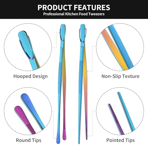 12 Inch Metal Chef Tweezers For Cooking, Rainbow Stainless Steel Cooking Tongs Set Of 2, Colorful Pickle Grabber, Long Pasta Tongs - color: Rainbow