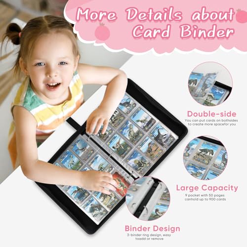 9 Pocket Card Binder - Premium Zip Trading Card Binder - 900 Double Sided Pocket PU Collection Binder - Gift for Girls (Pink Kitten 9-Pocket)