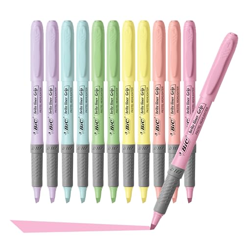 BIC Brite Liner Grip Pastel Highlighter Set, Chisel Tip, 12-Count - color: Pastel, size: 12 Count (Pack of 1)