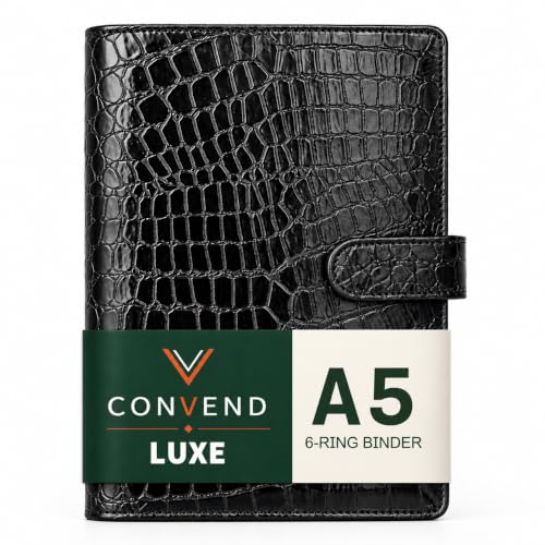 Convend A5/A6 Refillable 6 Ring Faux Leather Binder Cover, Black Croc - color: Crocodile-black, size: Luxe-A5