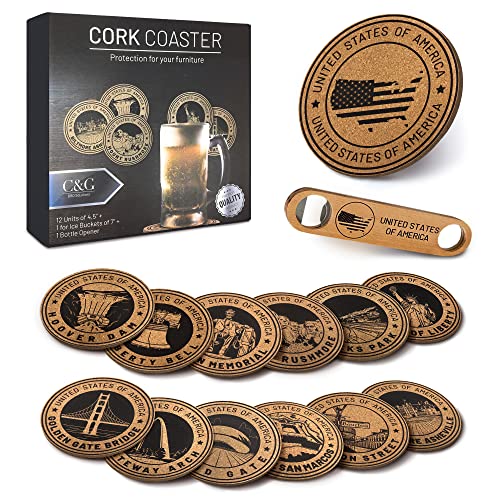 Cork Coasters for Drinks, Absorbent, 14 Piece Set, USA Landmarks