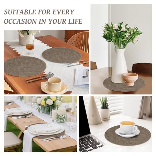 13" Round Placemats Set of 6, Reversible Faux Leather Wipeable Table Mats - color: Dark Coffee