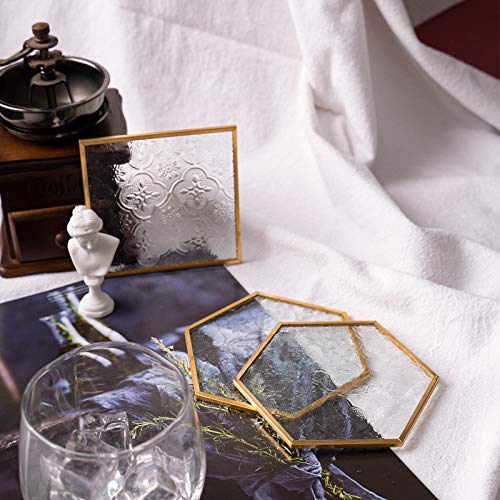 Glass Gold Coasters for Drinks, 6 Pcs Cup Coaster Set with Carved Glass Stylish for Coffee Tea Wine Coasters for Bar with Brass Edge Hexagon and Square Coasters Home Decor - color: Square and Hexagonal