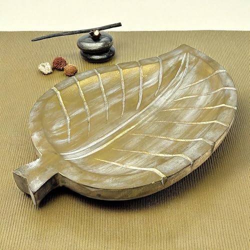 Serving Bowl for Home, Kitchen, Fruits, Salads, Chips, Dip/Multipurpose/Hand Made/Natural Mango Wood/Natural Wood (Golden Leaf) - style: Golden Leaf