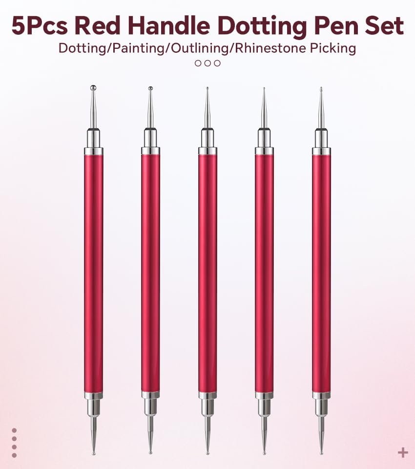 5Pcs Nail Art Dotting Tool Set Double-Ended Dotting Stylus Pens - color: Red