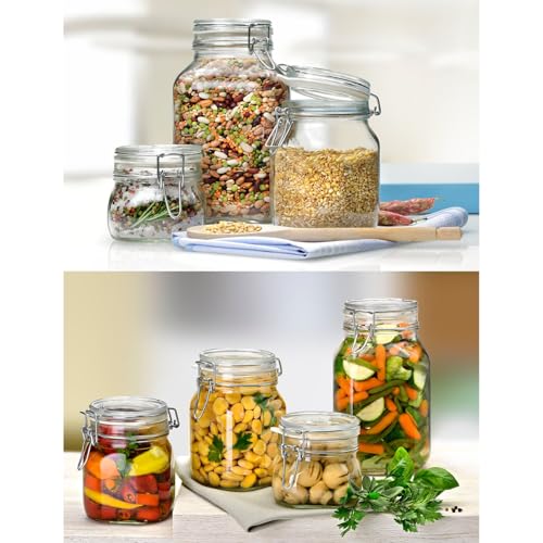 Bormioli Rocco Fido 17.5 Ounce Glass Storage Jars: Airtight Hinged Lid With Leak Proof Gasket, Wide Mouth Food Container - For Zero Waste Air Tight Preserving Jam, Spices, Coffee, Sugar & Herbs - color: Clear, size: 17 Ounce