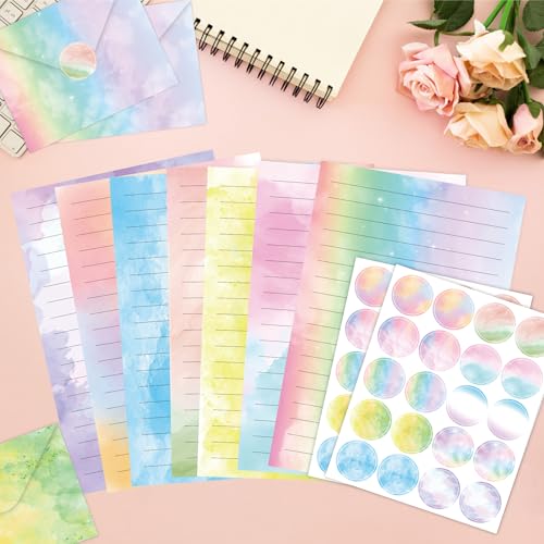 Stationery Paper Envelopes Set 160 Pcs - 50 Lined Writing Paper, 50 Envelopes, 60 Dot Stickers, Vintage/Floral/Leaf/Watercolor Multi-Style Options (STATIONERY-160PCS-WATERCOLOR) - style: Watercolor Gradient