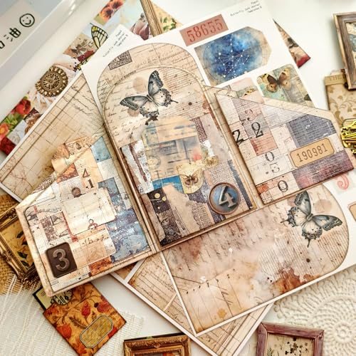 Vintage Junk Journal Kit with DIY Ephemera Storage and Accordion Pockets,11 Sheets Cardstock Pieces for Art Journaling, Scrapbooking and Mixed Media Crafts - color: Vintage