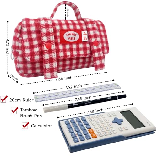 Cute Checkered Pencil Case, Red White Plaid, Large Capacity Gingham Pattern Pen Bag with Handle, Big Stationery Organizer, Multi-Use Storage Pouch, 8.7x1.6x4.7 Inches, Red - color: Red-white checkered