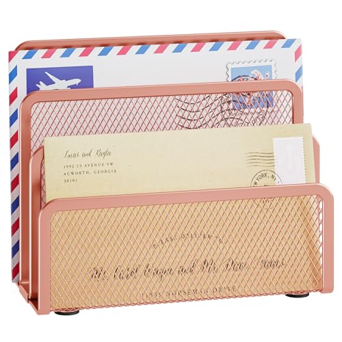 Marbrasse Mail Organizer for Desk, 3-Slot Mesh Metal Mail Holder countertop, Letter Holder, Office Desktop Envelope and Document Storage Rack (Rose Gold) - color: Rose Gold