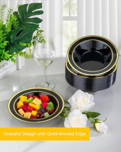 BESTSTAR 200 Pack Black Disposable Bowls with Gold Rim - color: Black, size: 200 pack