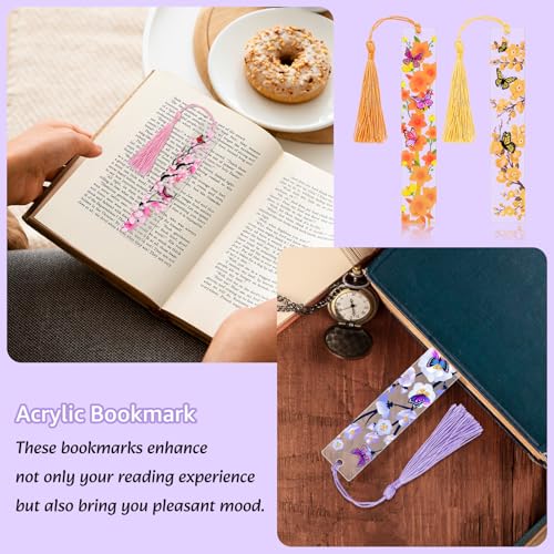 4pcs Pressed Flower Bookmarks, Transparent Acrylic Bookmark with Tassels, Butterfly Flower Theme Book Marks for Reading Women, Cute Book Marking Accessories Gift for Books Lovers(4 Colors) - color: Pink, Light Purple, Orange, Light Gold Yellow