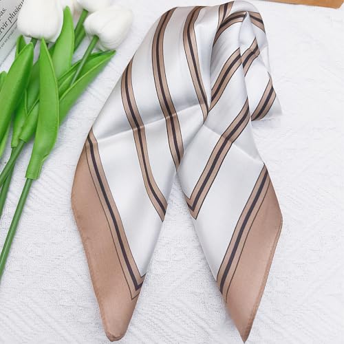100% Mulberry Silk Neck Scarf for Women Square Neckerchief – 21 inch - color: Beige Brown