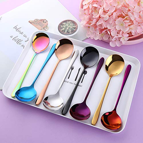 8-pieces Metal Round Soup Spoon 7.4-Inch Metal Korean Dinner Spoon Stainless Steel Table Spoons by Buyer Star - color: 8 color-round spoons