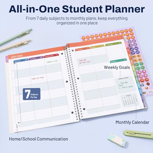 Student Planner 2026-2027, SUNEE Middle or High School Student Planner for Academic Jul. 2026 - Jun. 2027, 8.5"×11" Lesson Plan Book with 3-Hole Punched, Bookmark, Planning Stickers, Academic Color - color: Academic Color, size: A4 8.5"×11"
