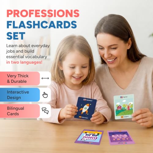 Kidrox Career & Professions Flash Cards, English Learning Cards with Spanish Translations, Interactive Open & Cover, 30 Pack - color: Professions