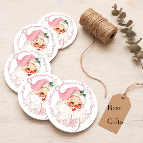 Nikyi 6 Pcs Christmas Pink Santa Ceramic Absorbent Coasters, Round Drink Coaster with Metal Holder and Cork Base, for Coffee Table Kitchen Bedroom Living Office Desk Home Decor - color: Pink Santa Claus