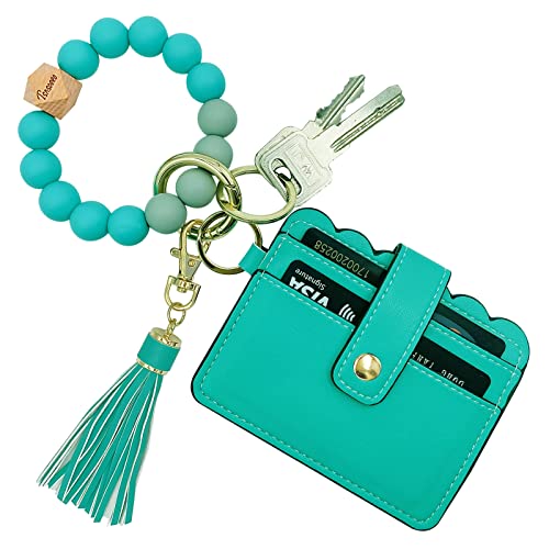 Keychain Wallet Wristlet Small Credit Card Holder Bracelet Key Chain Purse Bangle Tassel Beads Key Rings for Women - color: 01-green