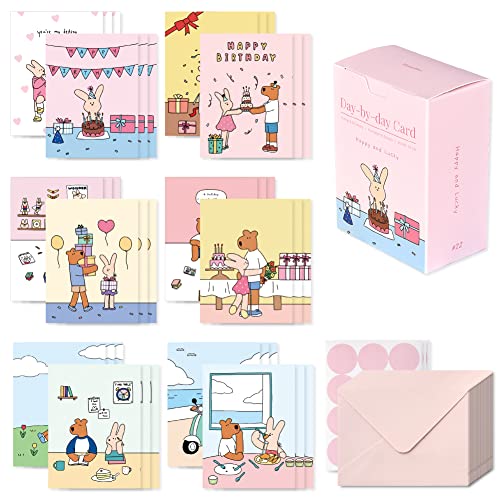 Monolike Day-by-day Card, Happy and Lucky - Mix 36 Mini Single cards, 36 envelopes, 36 stickers Package - color: Happy and Lucky