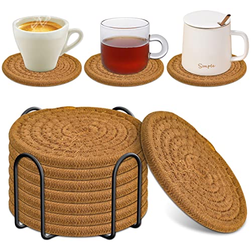 Mckanti 8 Pcs Drink Coasters with Holder, Absorbent Coasters for Drinks, Minimalist Cotton Woven Coaster Set for Home Decor Tabletop Protection Suitable for Kinds of Cups, 4.3 Inches. - color: Color a