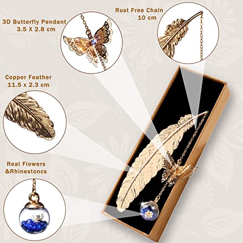 Toirxarn Metal Feather Bookmark, Back to School Teacher Gift for Women - color: Feather Gold - Blue Crystal With White Flower