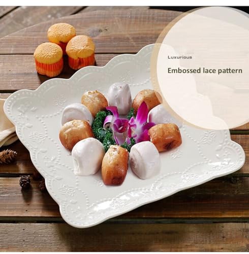 Ceramic Plate, Square Embossed Lace Plate (White, 10-inch) - color: White, size: 10-Inch