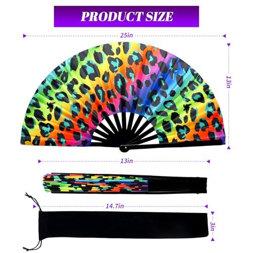 13 Inch Large Rave Fan & Clack Fan for Line Dancing - Folding Hand Fan with UV Glow for Boots on The Ground, Performance, Wedding, Party - Portable Handheld Fan for Women & Men - color: Leopard Print*1